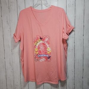 Woman Within Pink/Coral Graphic Print V-Neck Cotton Poly T-Shirt Size 26/28 2X